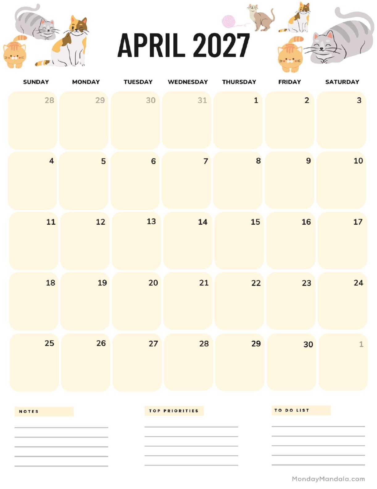 April 2027 Calendar Printable Cats Portrait