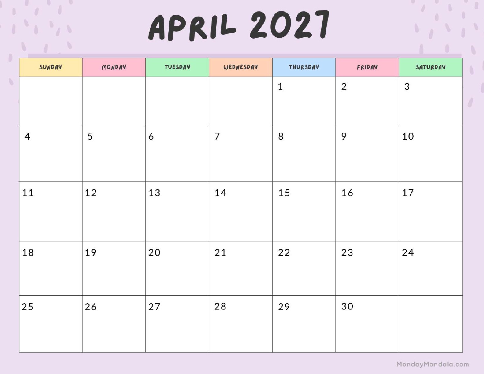 April 2027 Calendar Printable Colorful Landscape