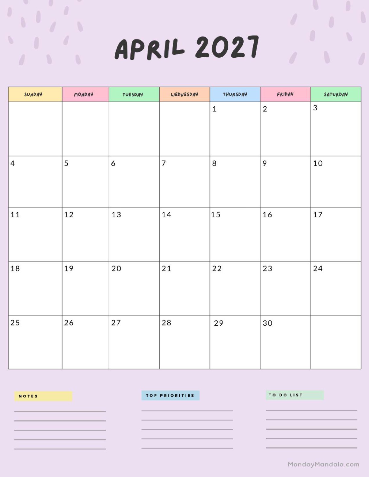 April 2027 Calendar Printable Colorful Portrait