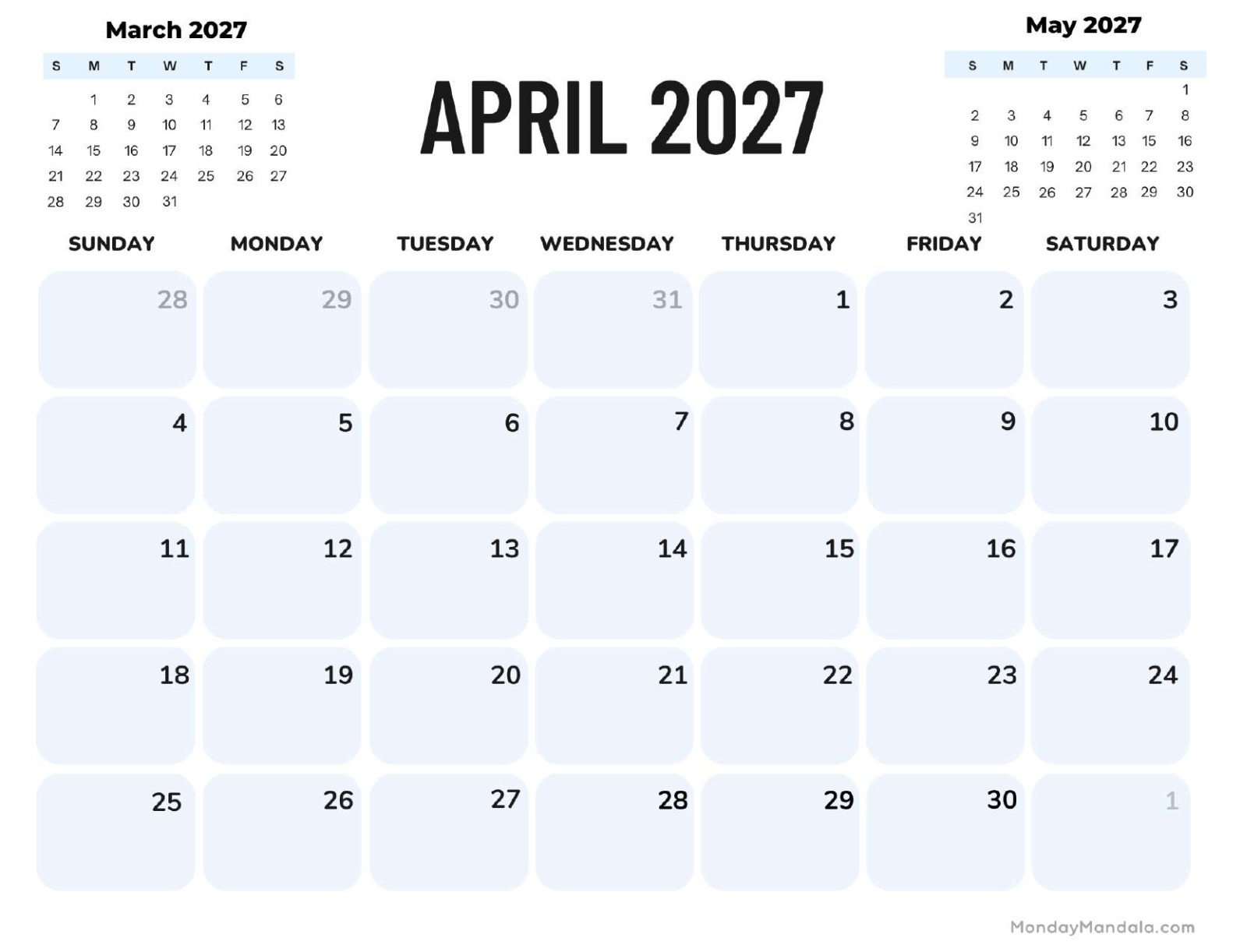 April 2027 Calendar Printable Corporate Landscape