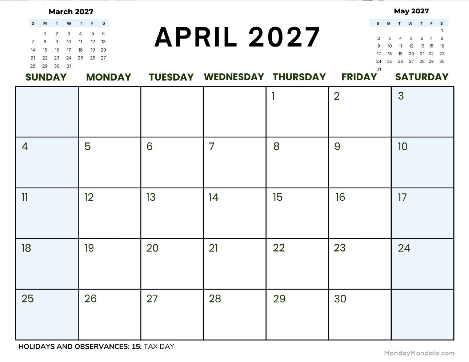 April 2027 Calendar Printable Corporate2 Landscape