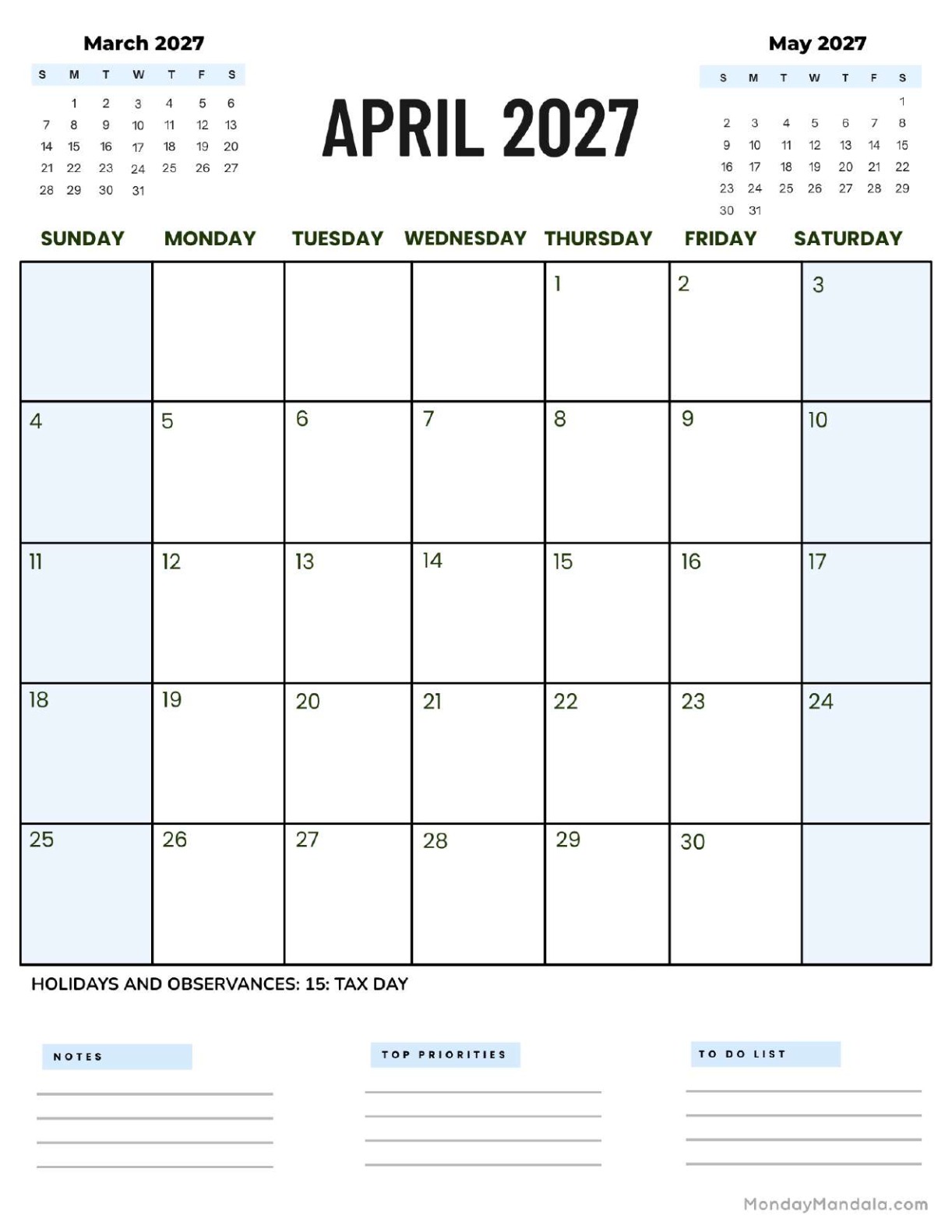 April 2027 Calendar Printable Corporate2 Portrait