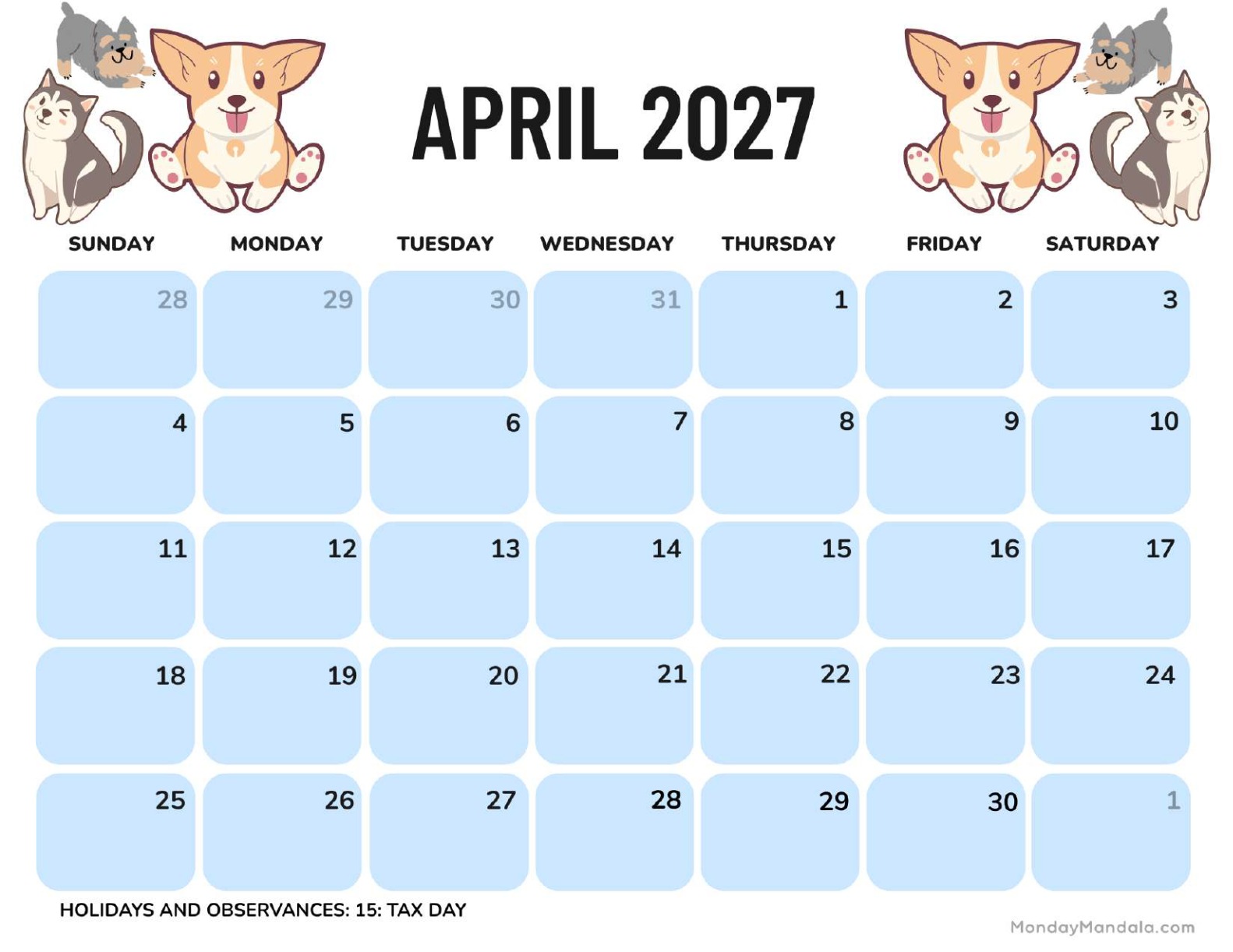 April 2027 Calendar Printable Dogs Landscape