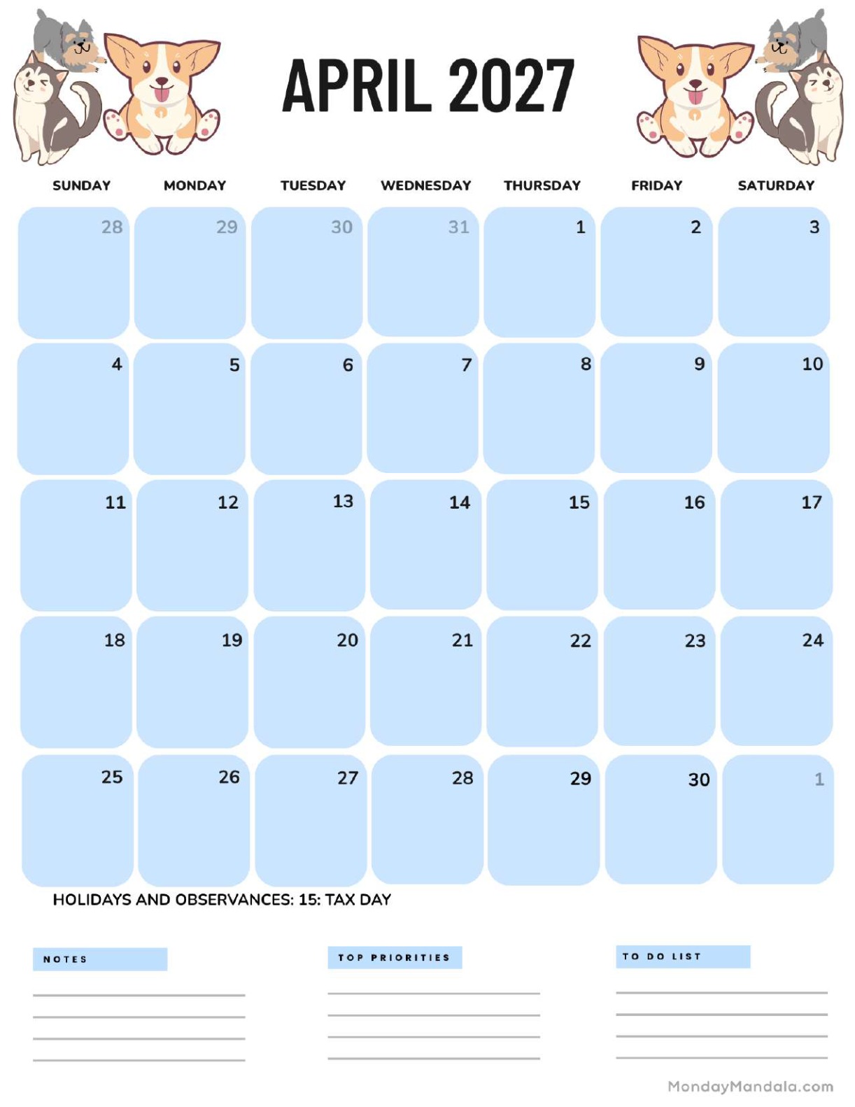 April 2027 Calendar Printable Dogs Portrait