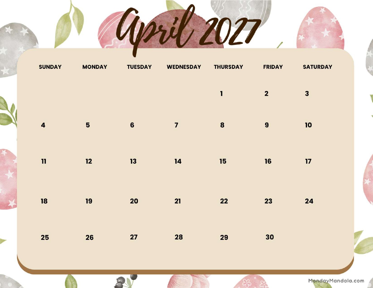 April 2027 Calendar Printable Easter 2 Landscape