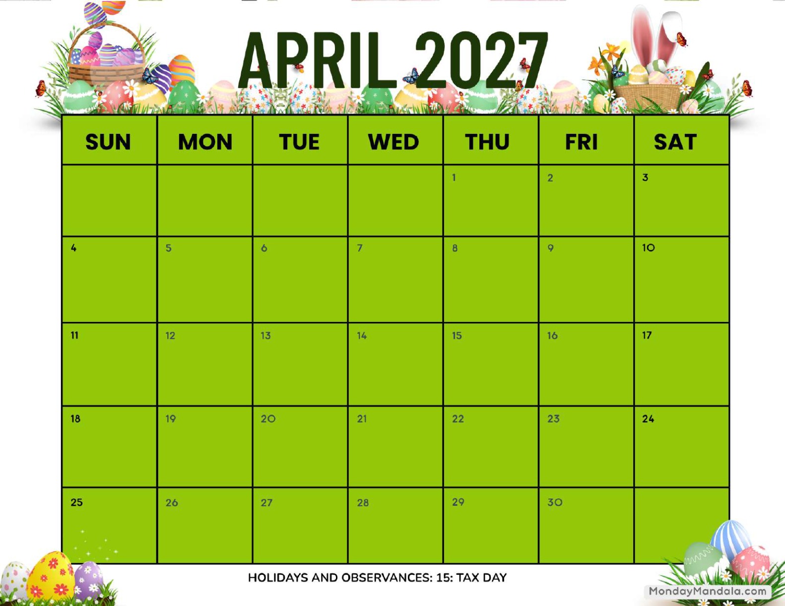 April 2027 Calendar Printable Easter 3 Landscape