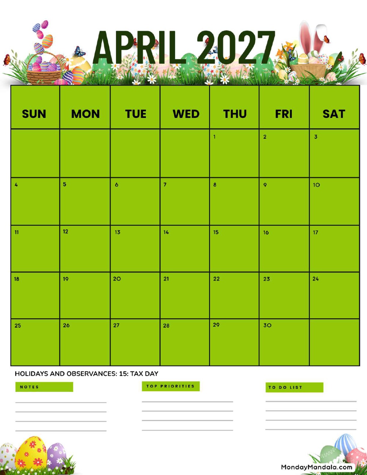 April 2027 Calendar Printable Easter 3 Portrait