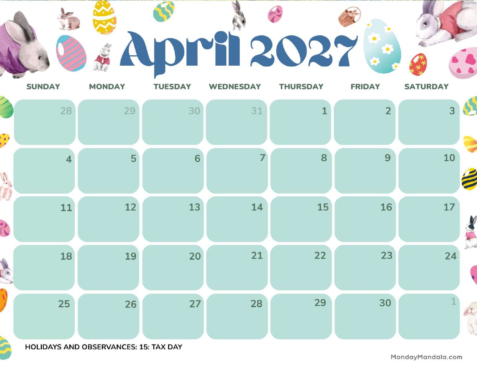 April 2027 Calendar Printable Easter Landscape