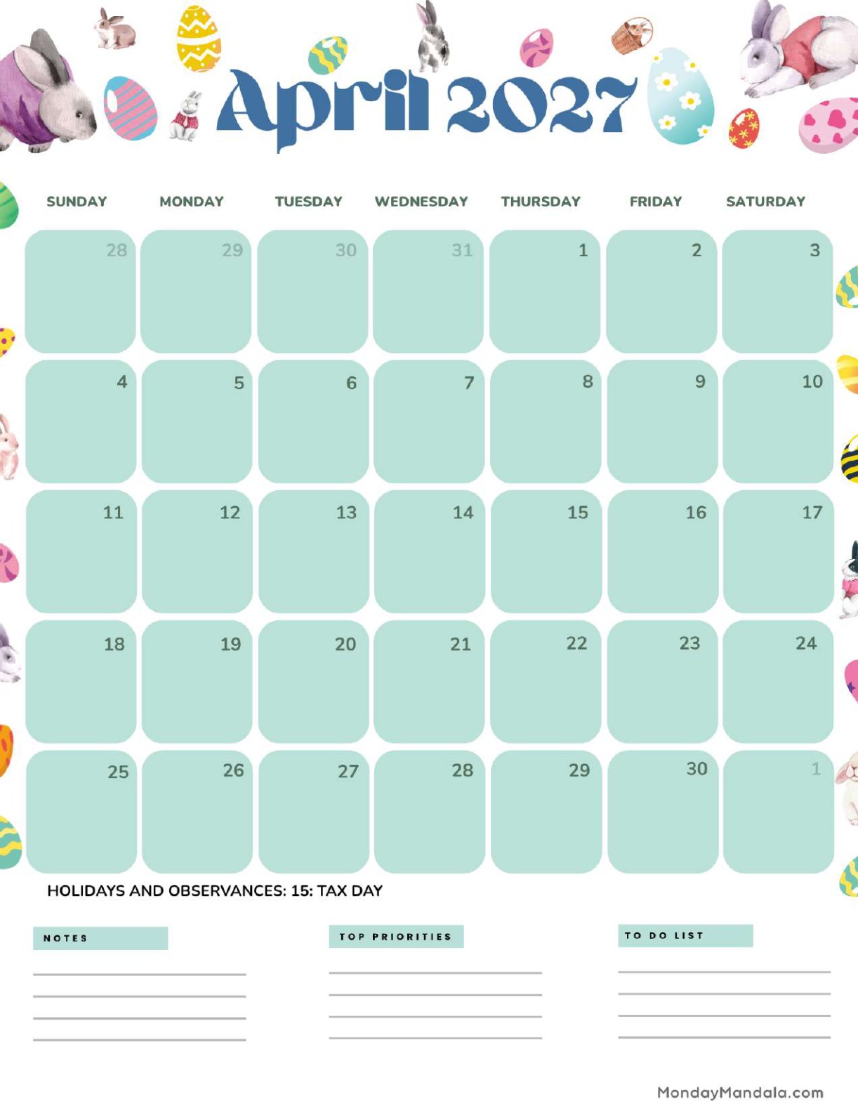 April 2027 Calendar Printable Easter Portrait