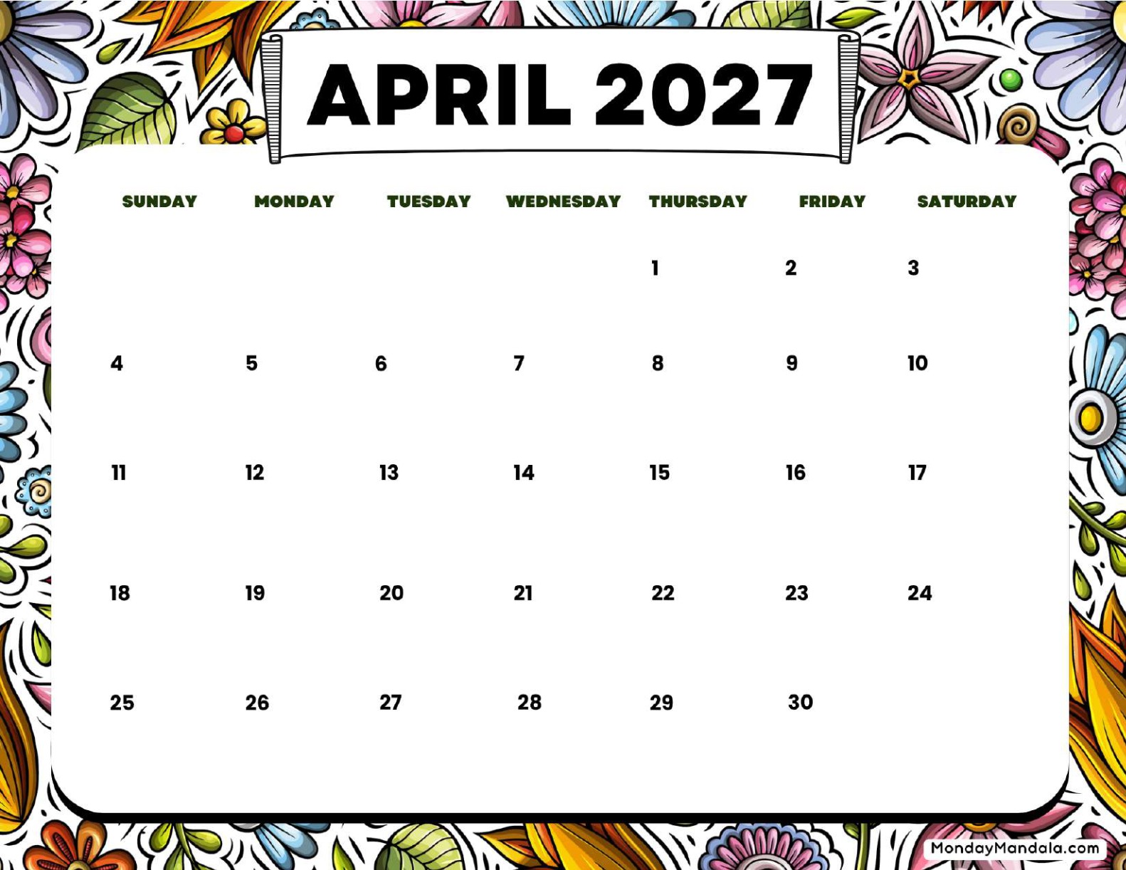 April 2027 Calendar Printable Floral Landscape