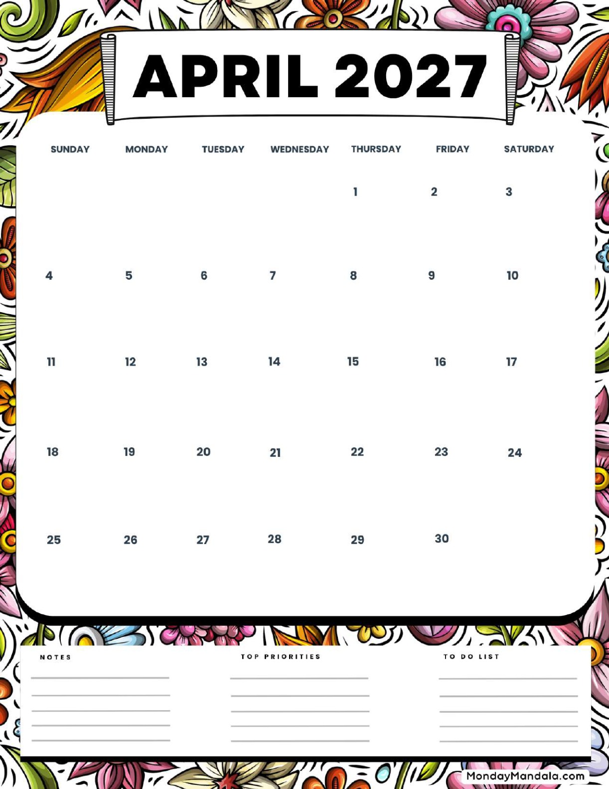 April 2027 Calendar Printable Floral Portrait