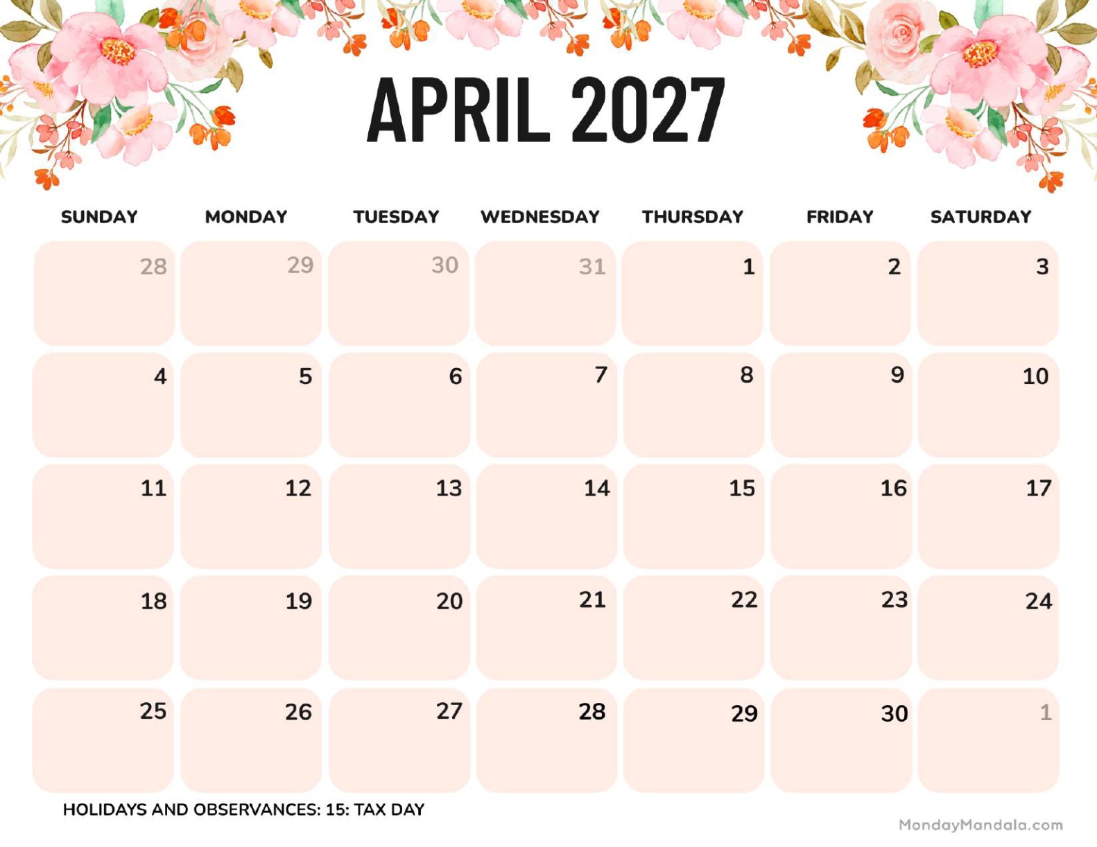 April 2027 Calendar Printable Flowers Landscape