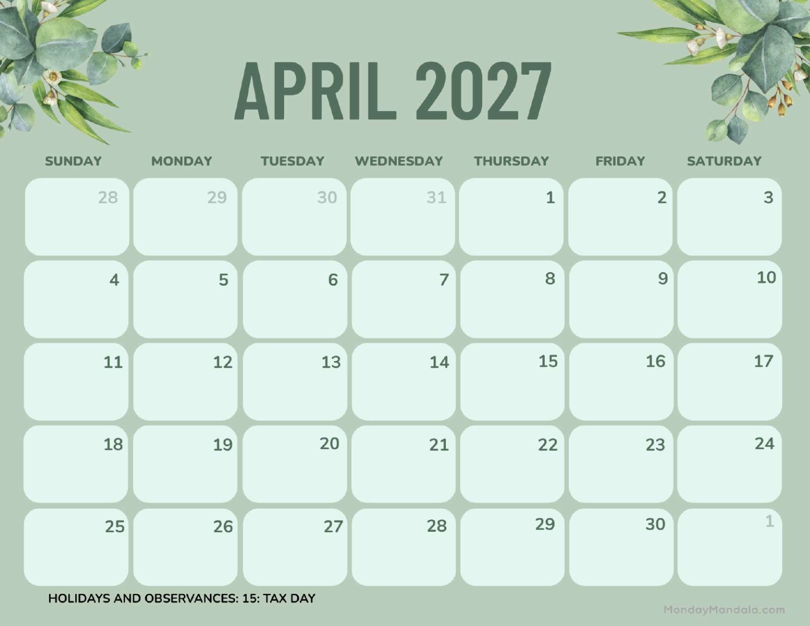 April 2027 Calendar Printable Green Landscape