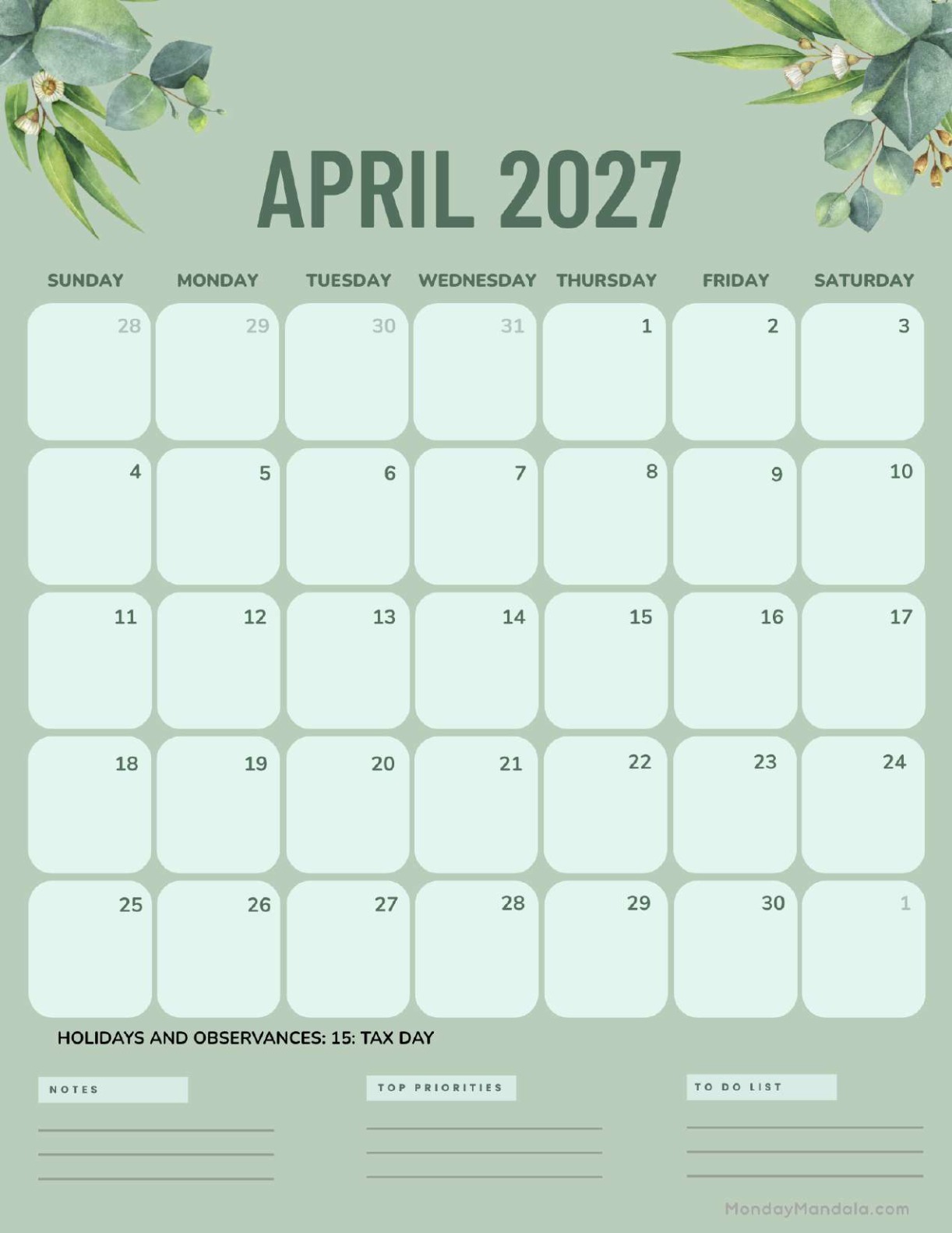 April 2027 Calendar Printable Green Portrait