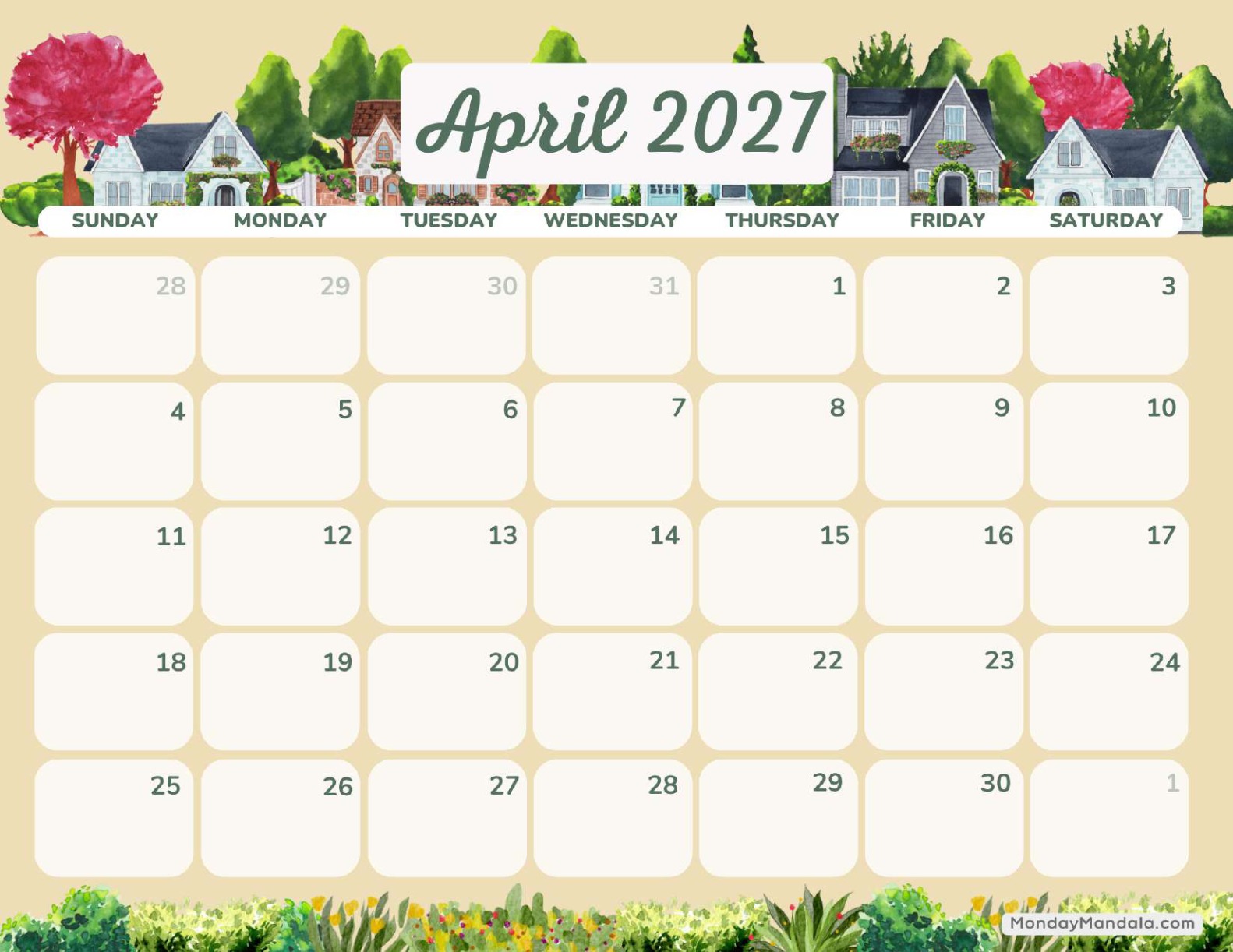 April 2027 Calendar Printable Houses Landscape