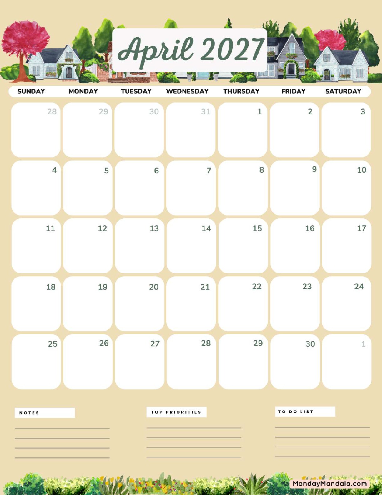 April 2027 Calendar Printable Houses Portrait