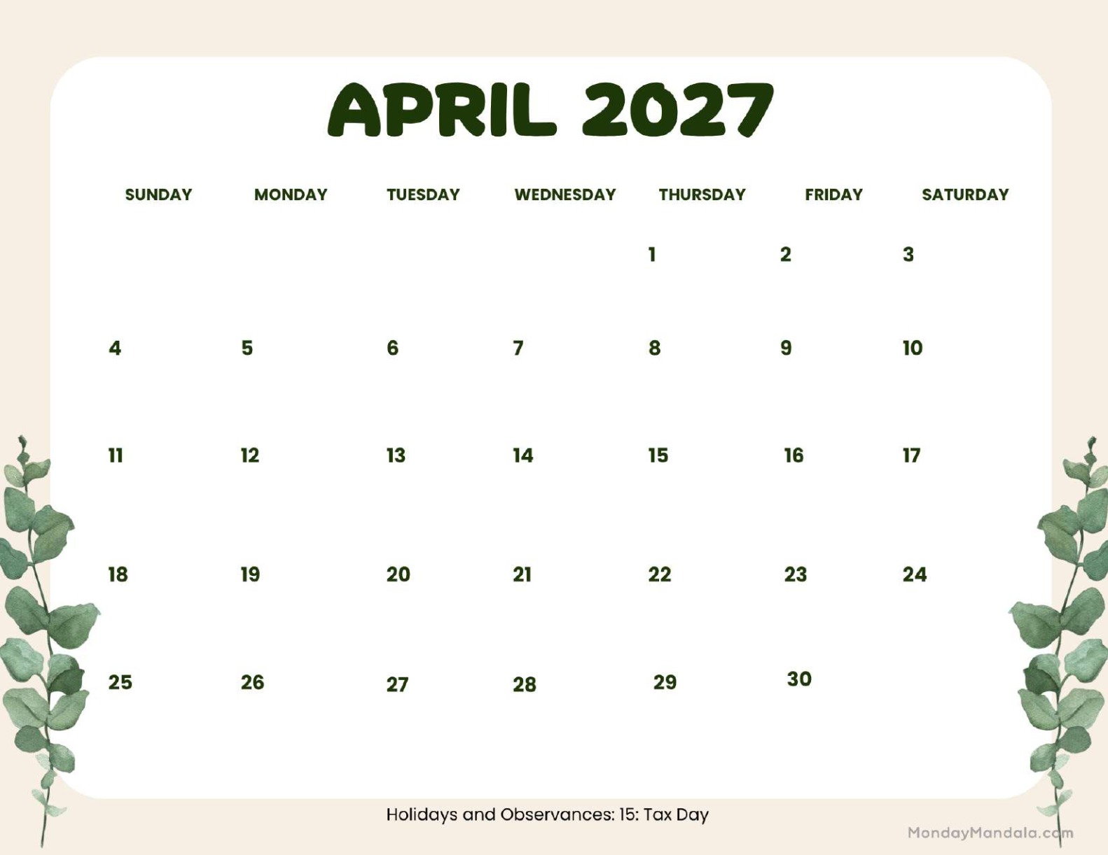 April 2027 Calendar Printable Leaves Landscape
