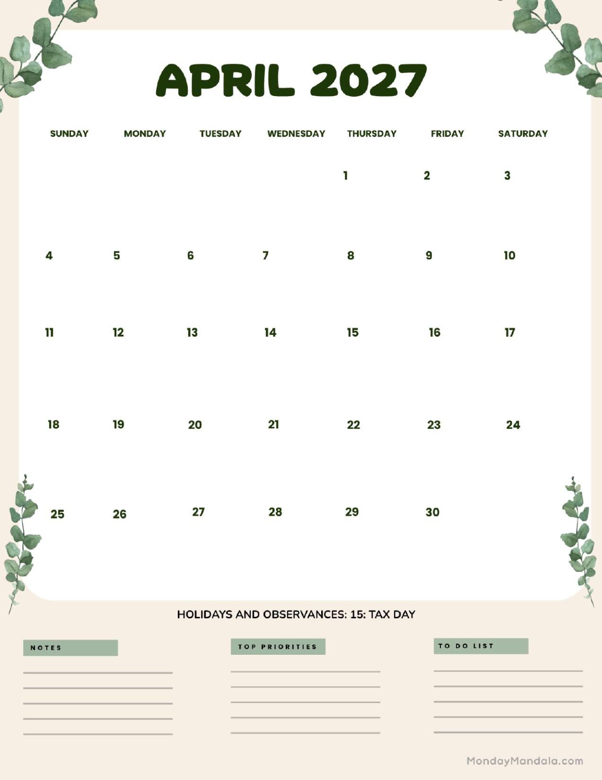 April 2027 Calendar Printable Leaves Portrait