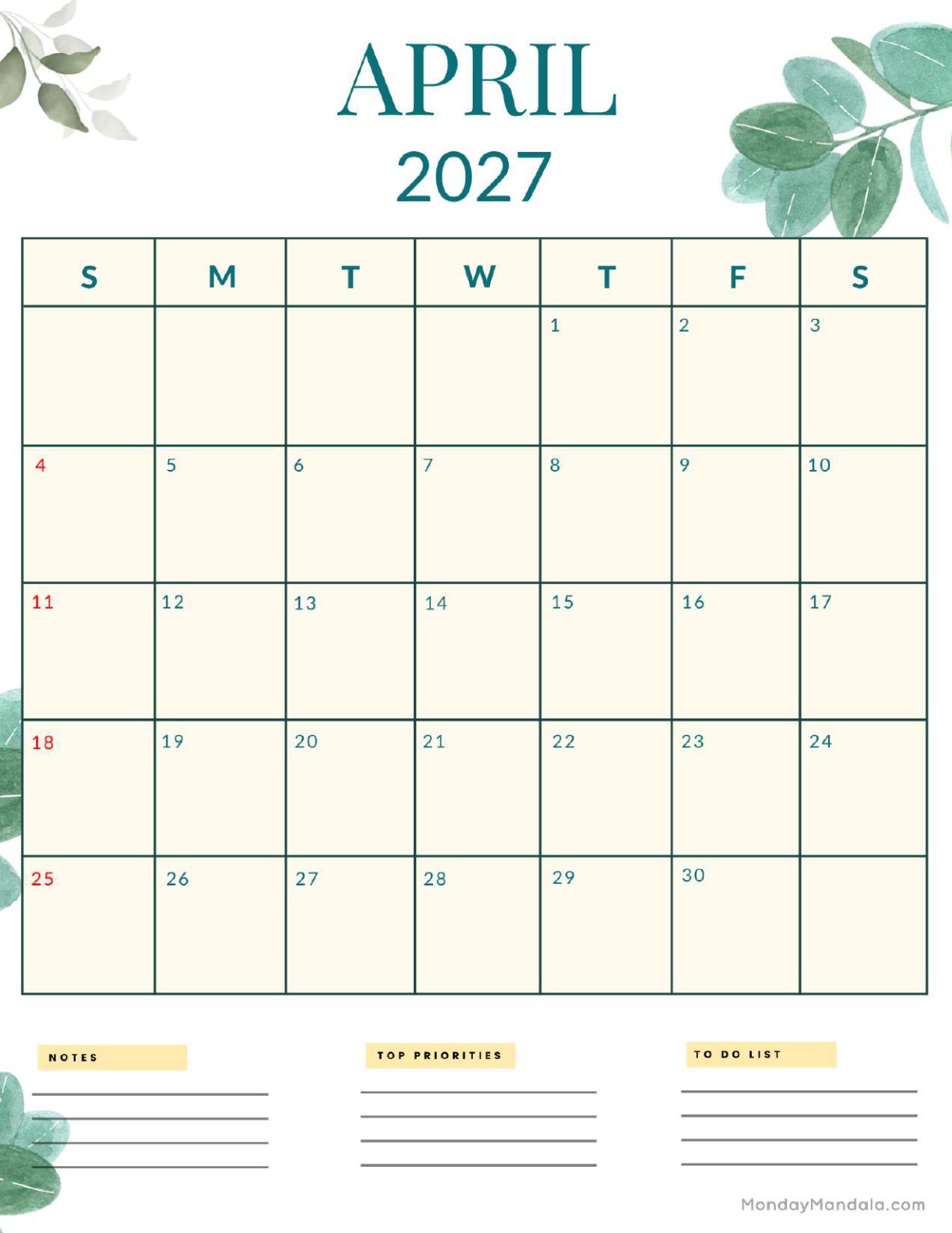 April 2027 Calendar Printable Nature Portrait