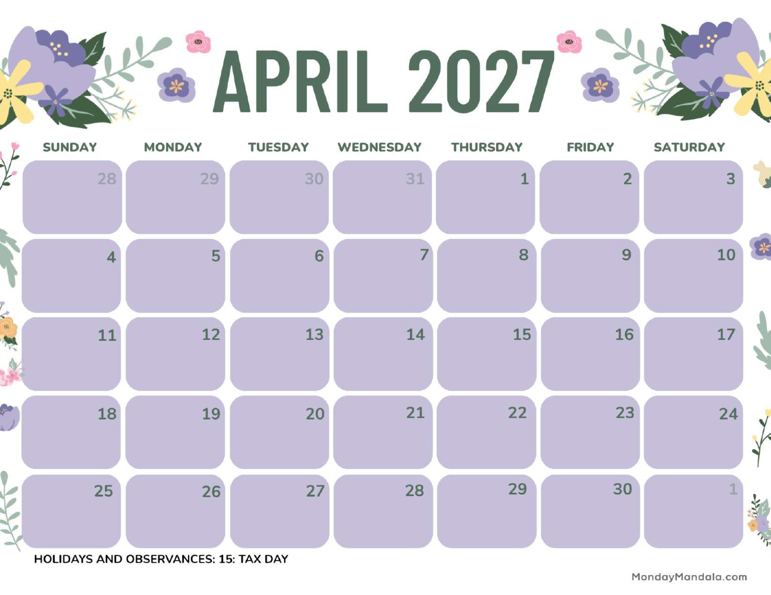 April 2027 Calendar Printable Purple Landscape