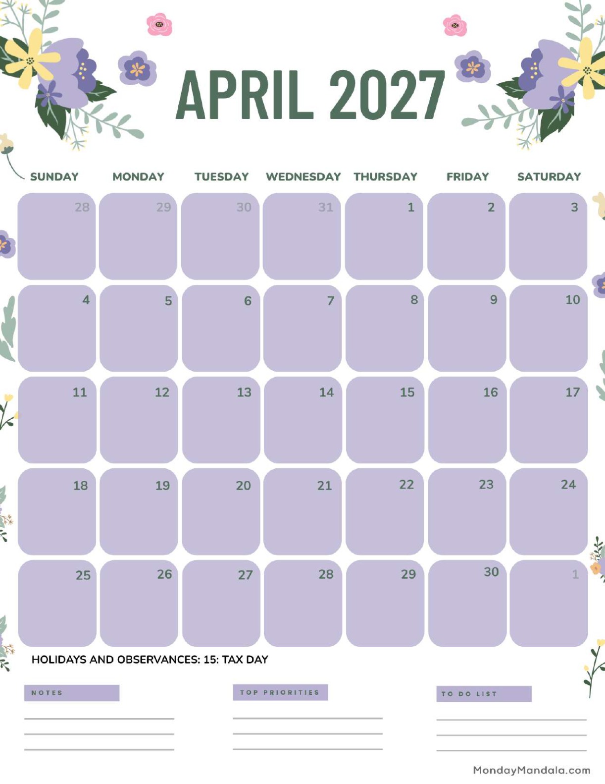 April 2027 Calendar Printable Purple Portrait