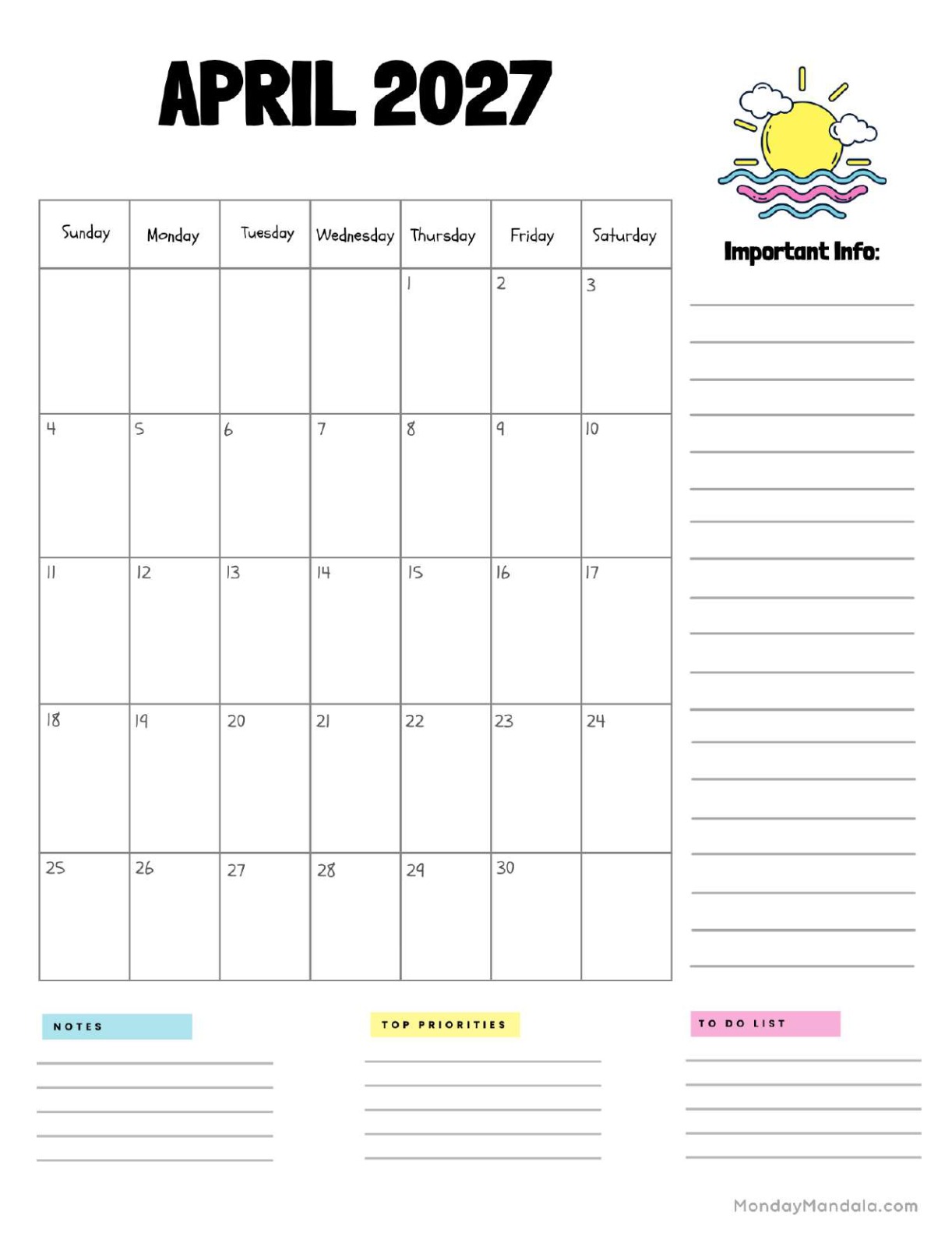 April 2027 Calendar Printable Sun Portrait