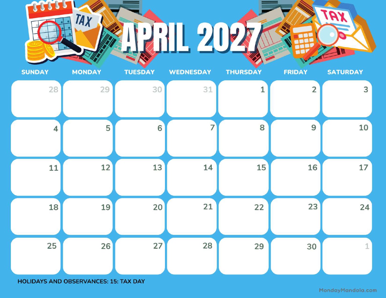 April 2027 Calendar Printable Tax 2 Landscape