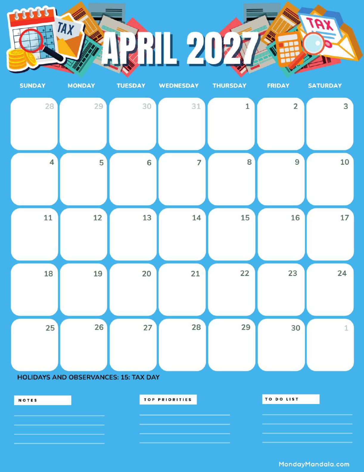 April 2027 Calendar Printable Tax 2 Portrait