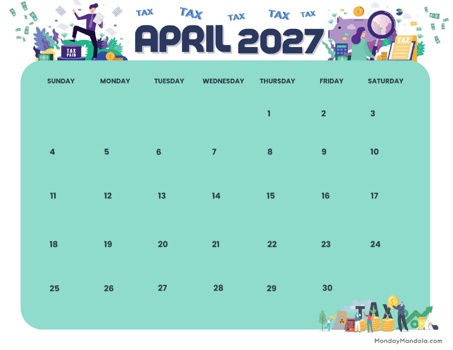 April 2027 Calendar Printable Tax Landscape