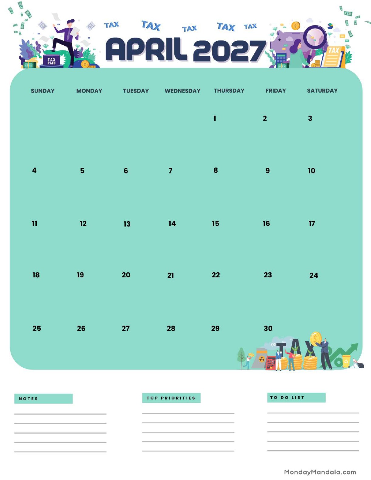 April 2027 Calendar Printable Tax Portrait
