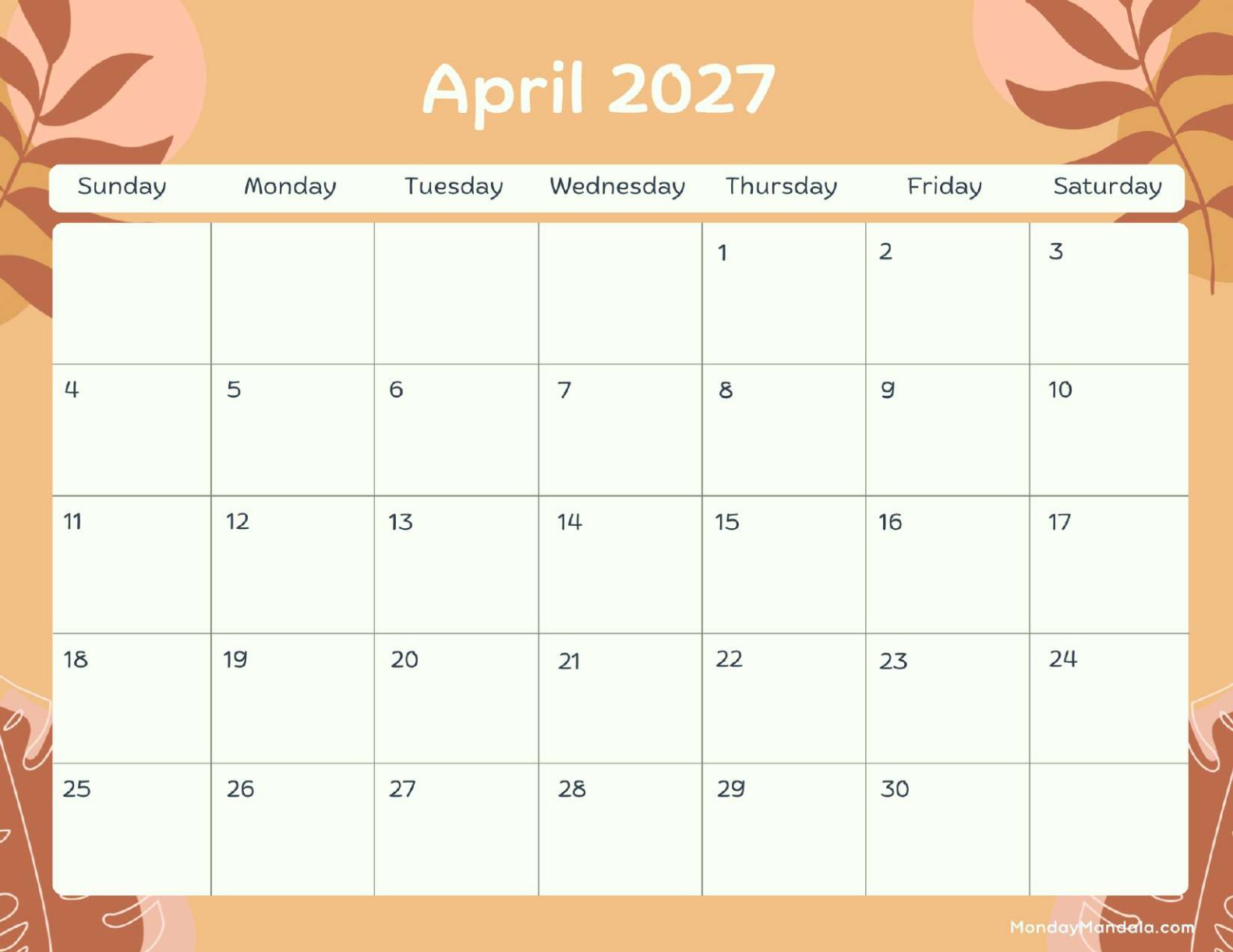 April 2027 Calendar Printable Terracotta Landscape