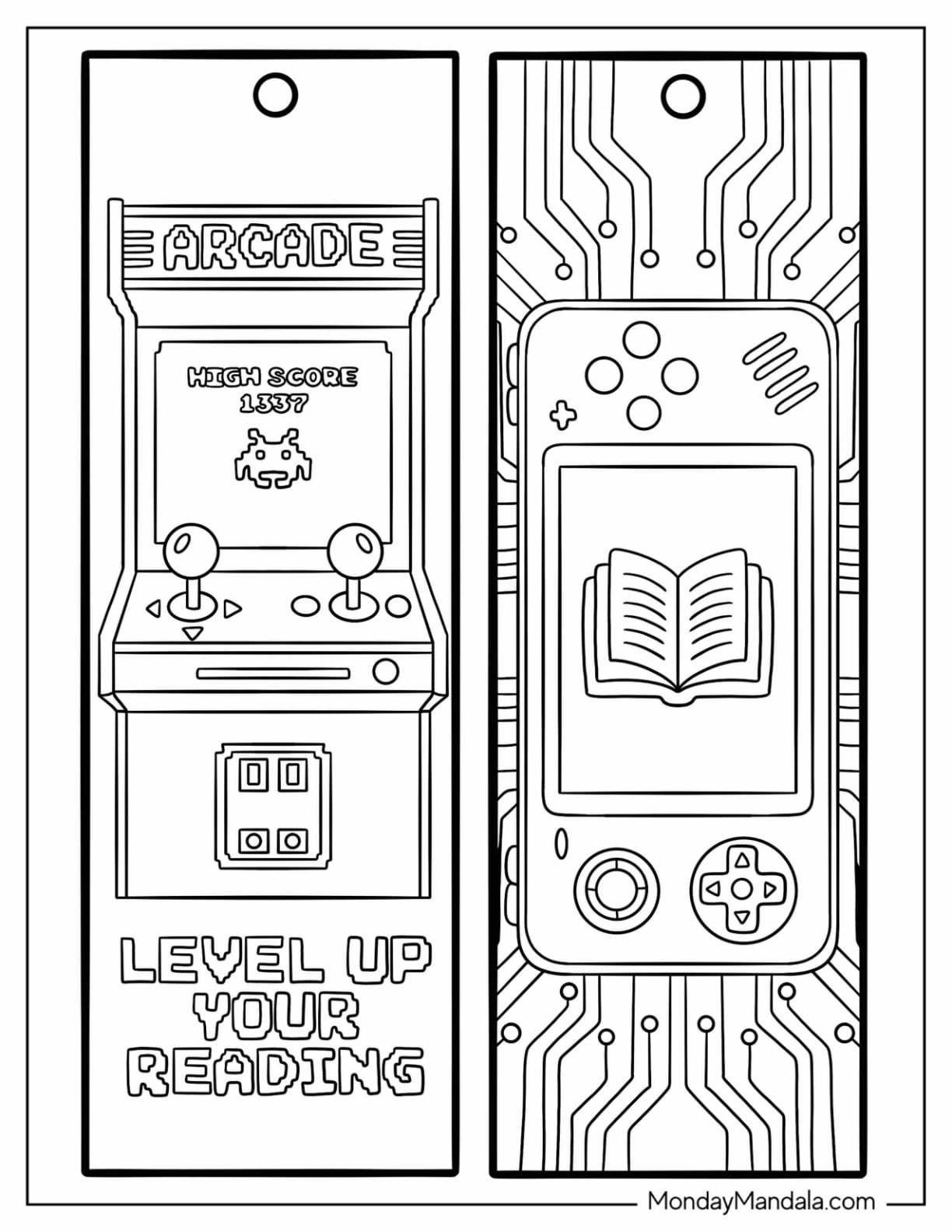 Arcade Machine and Handheld Game Console Reading Bookmark Coloring Page