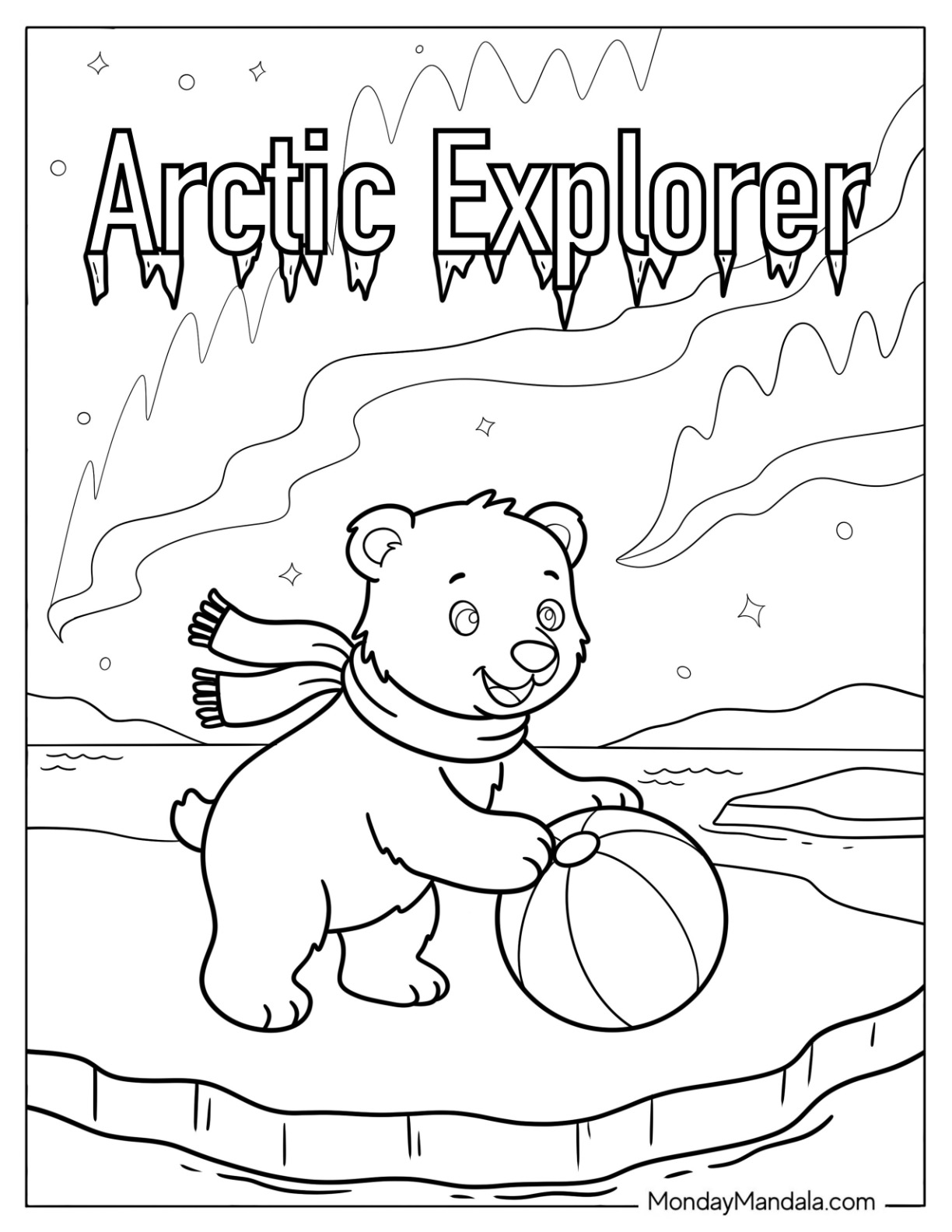 Canada Coloring Page of Arctic Explorer Polar Bear on Ice Floe for Kids