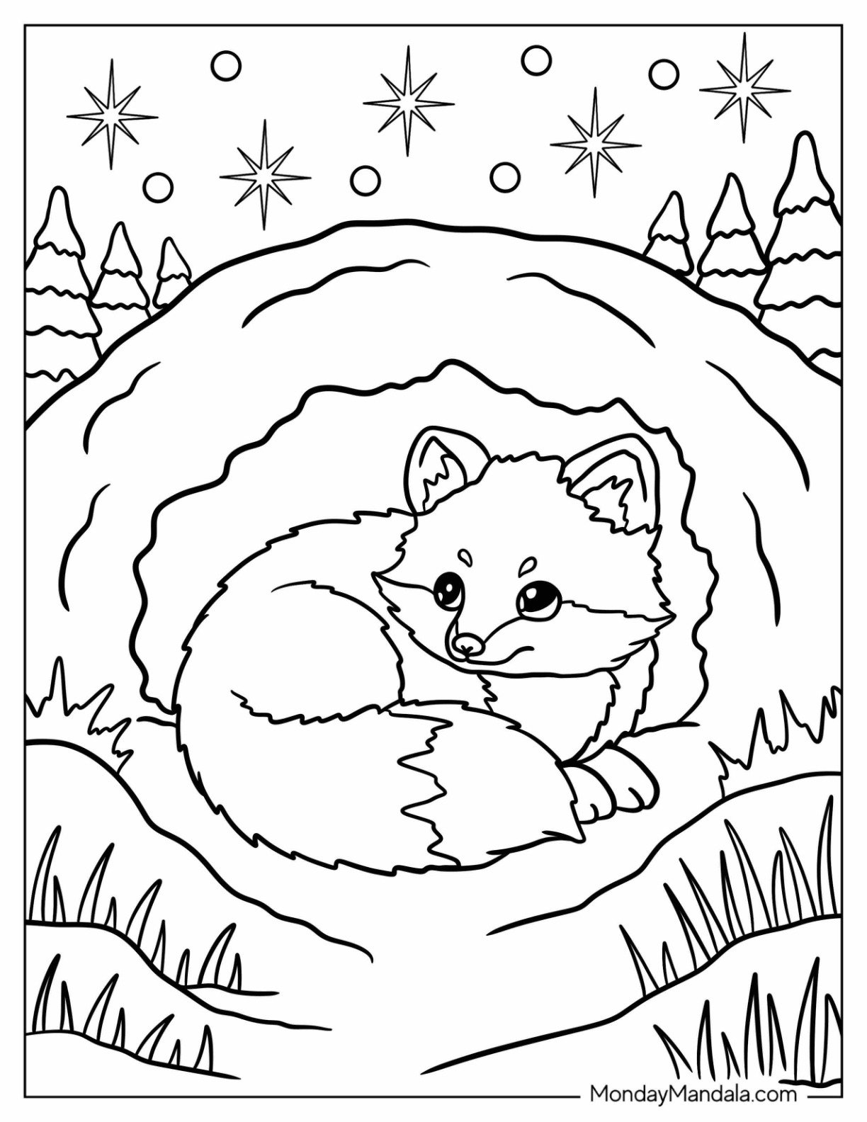 Arctic Animals Coloring Page of Fox Resting Inside Snow Den for Preschoolers