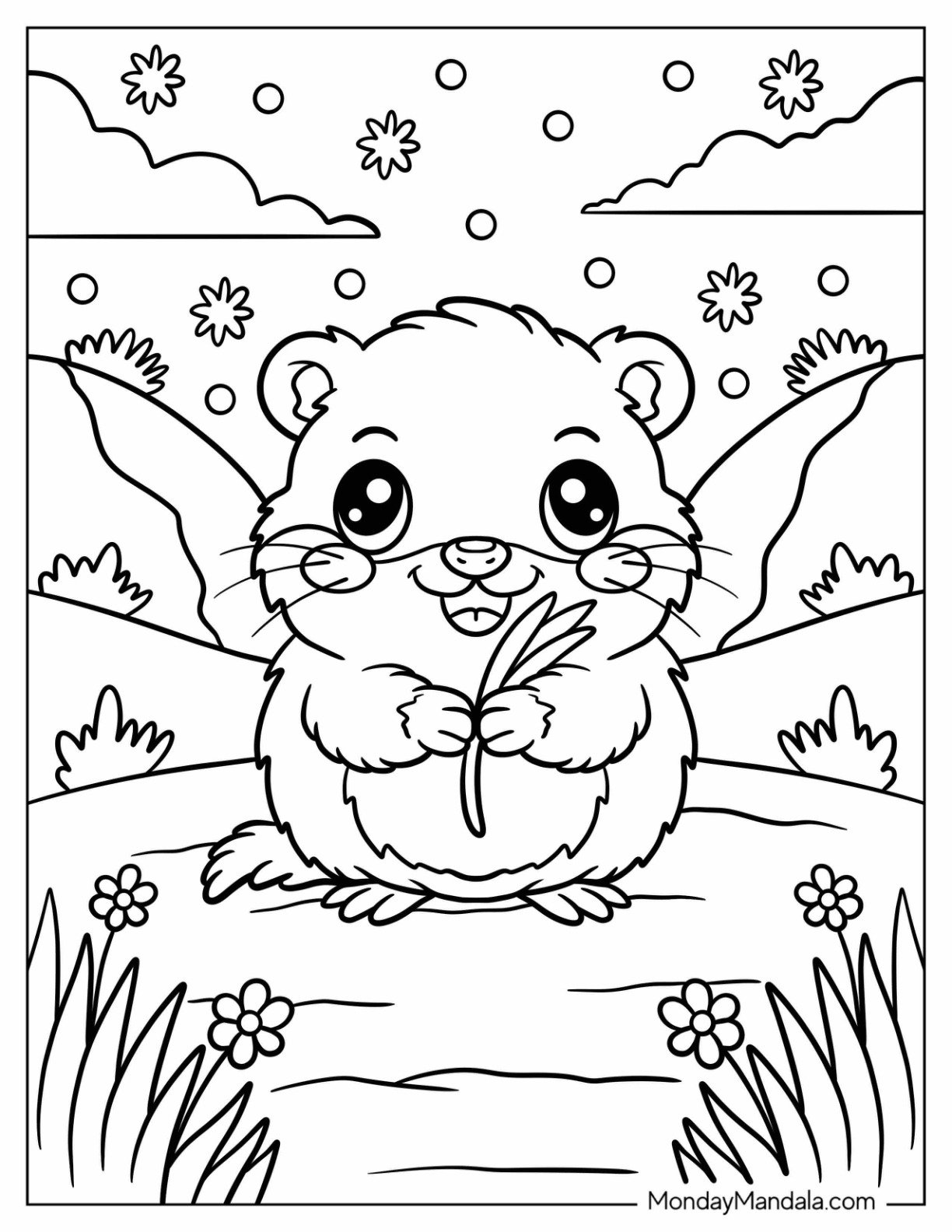 Arctic Animals Coloring Page of Lemming Holding Grass on Rocky Ground with Blossoms and Mountains