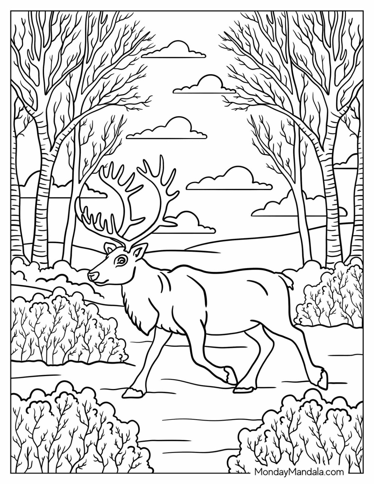 Arctic Animals Coloring Page of Reindeer in Winter Woodland