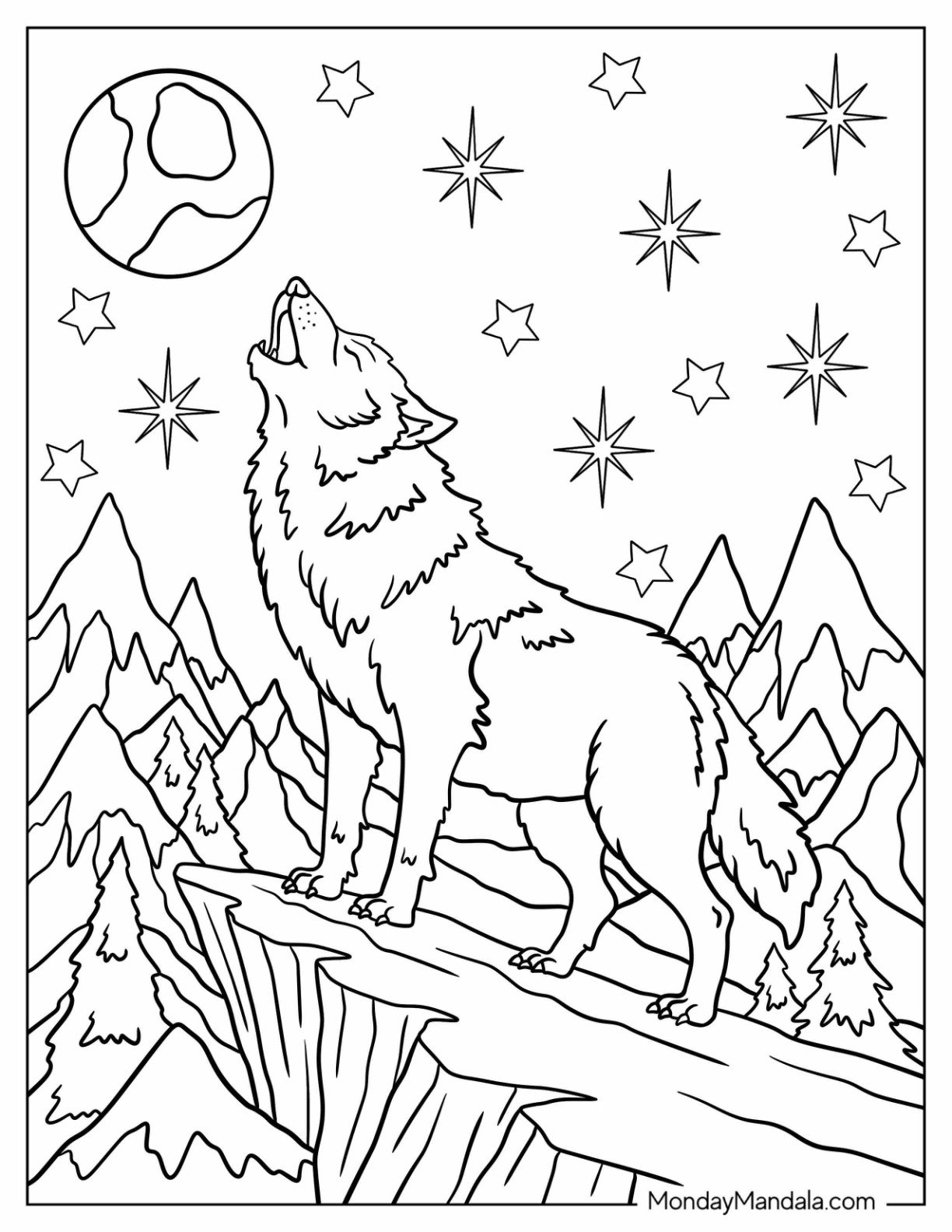 Arctic Animals Coloring Page of Wolf Howling Under Starry Sky