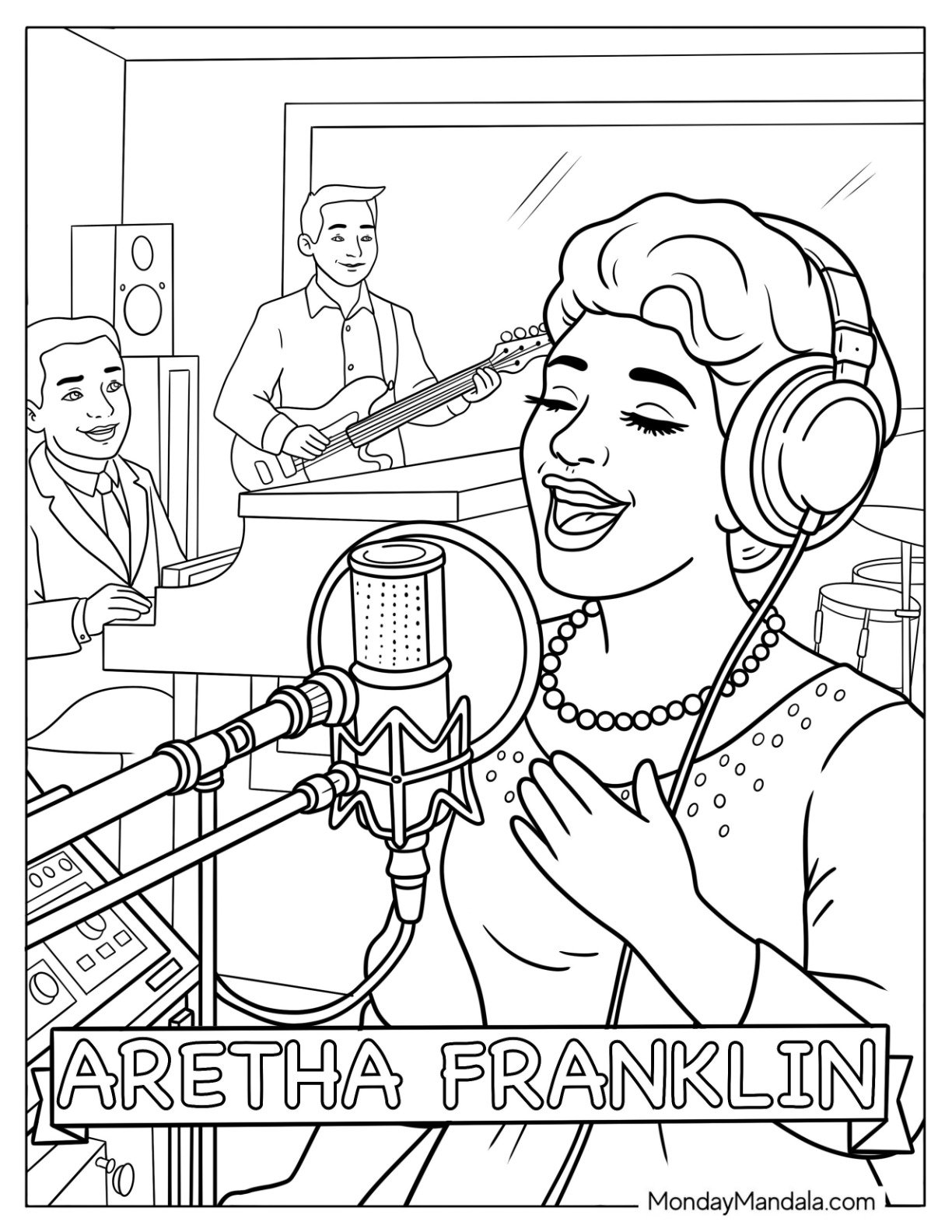 Black History Month Coloring Page of Aretha Franklin Singing in a Studio