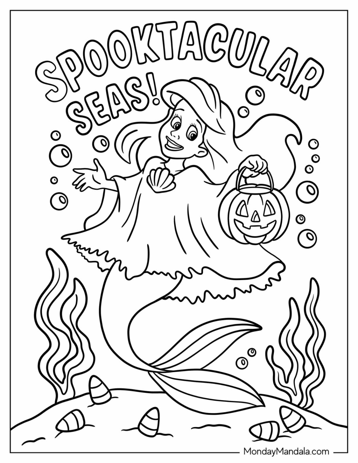 Disney Halloween Coloring Page of Ariel in Halloween Costume with Candy Bag Under The Sea