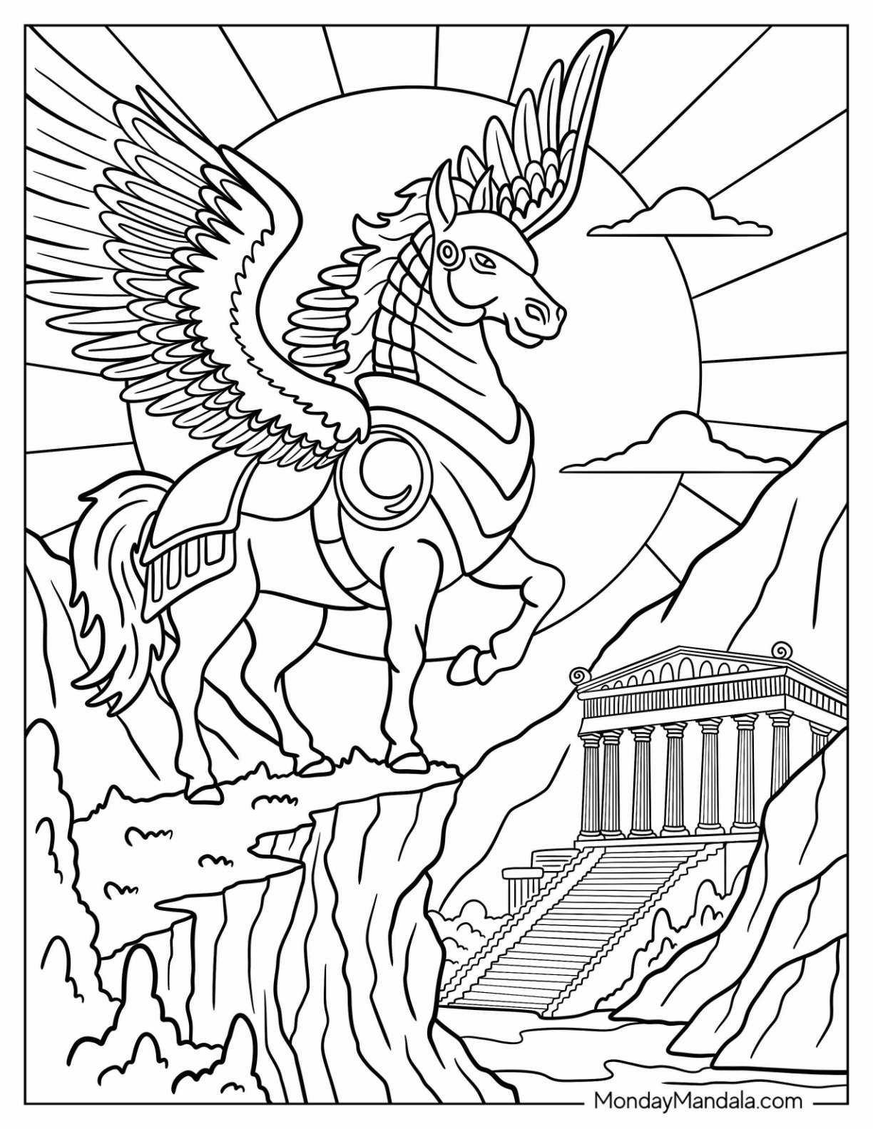 Armored Pegasus Coloring Page on Cliff Overlooking Ancient Temple