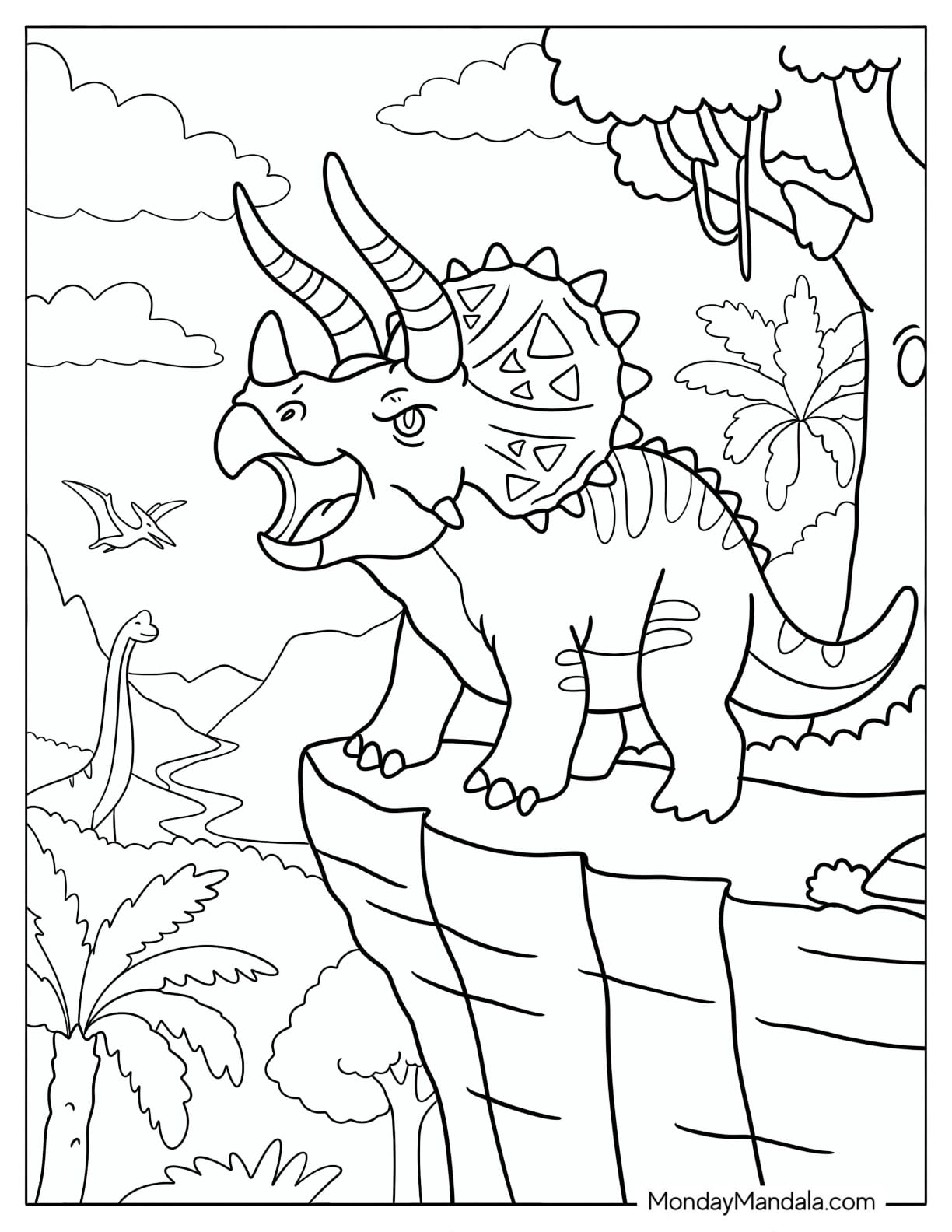 Armored Triceratops Roaring from a Rocky Cliff Coloring Page