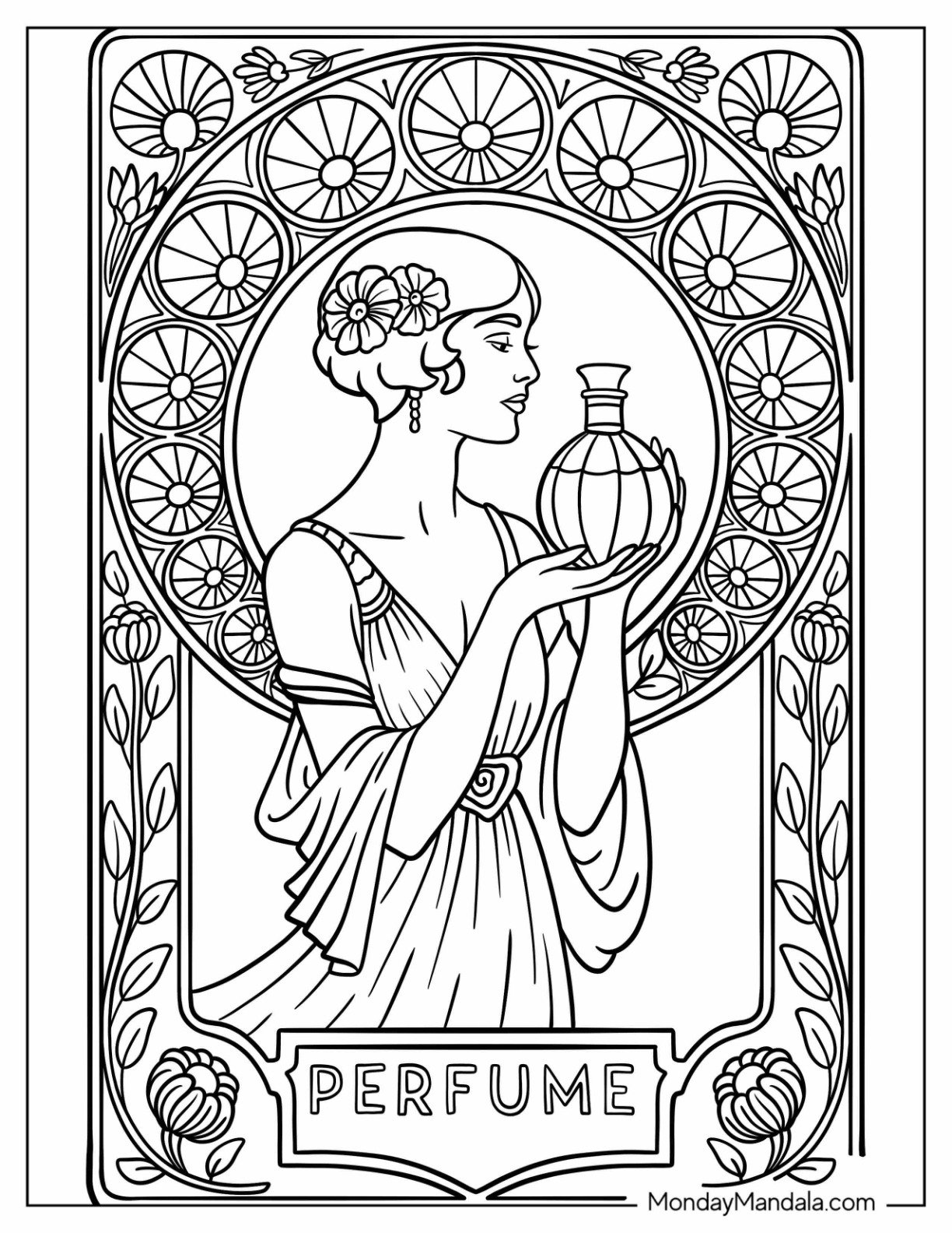 Vintage Coloring Page of Art Nouveau Perfume Poster with Elegant Woman and Floral Frame