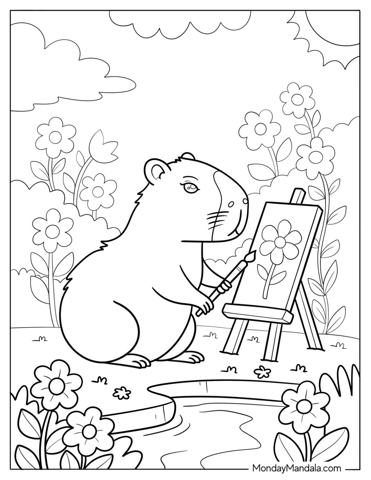 Artistic Capybara Coloring Page Painting Flowers by the Pond for Kids