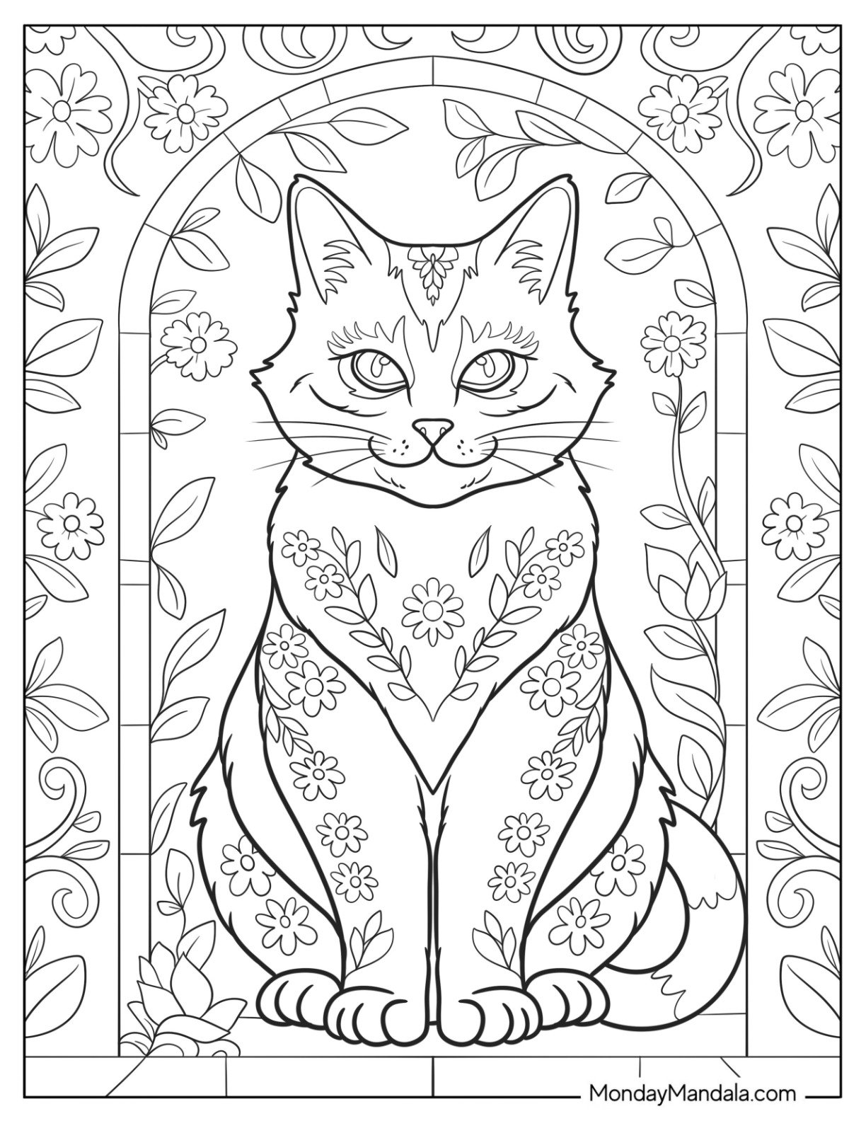 Artistic Cat Coloring Page with Ornamental Floral Details and Garden Frame