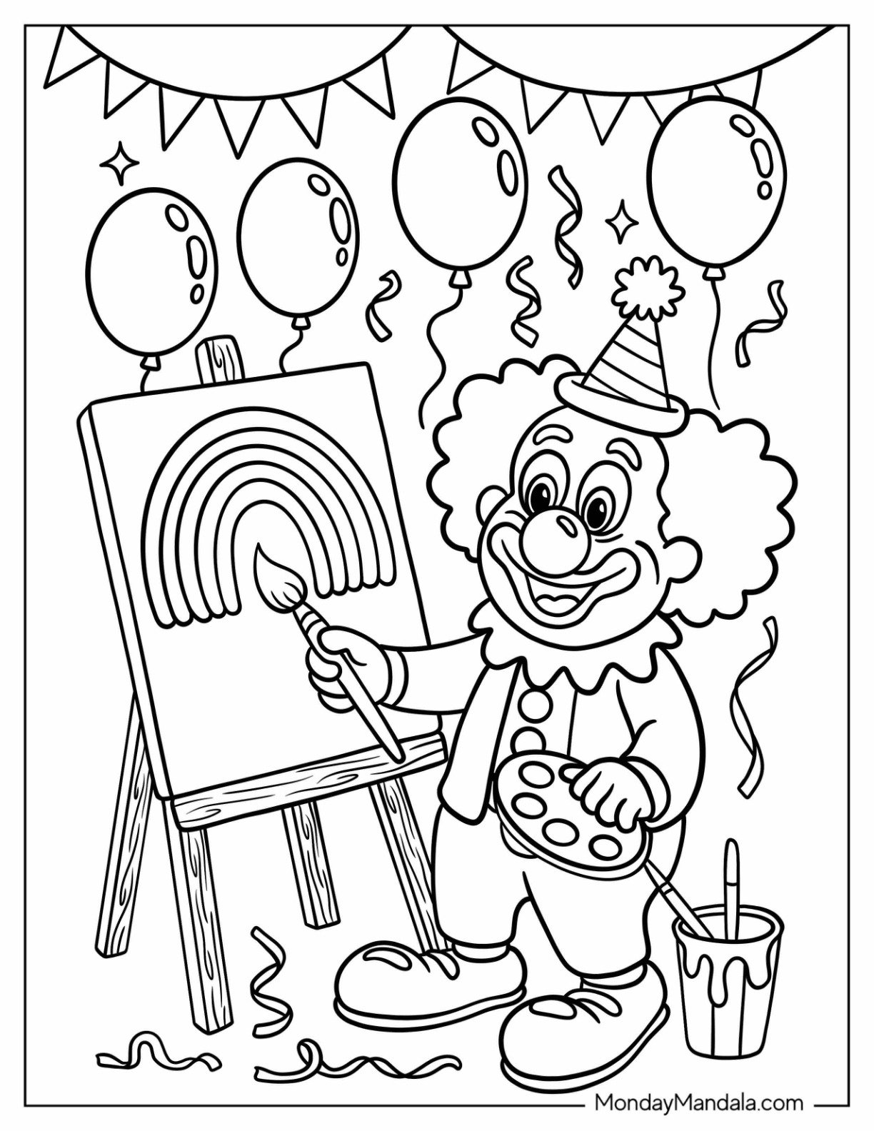 Artistic Clown Coloring Page Painting A Rainbow