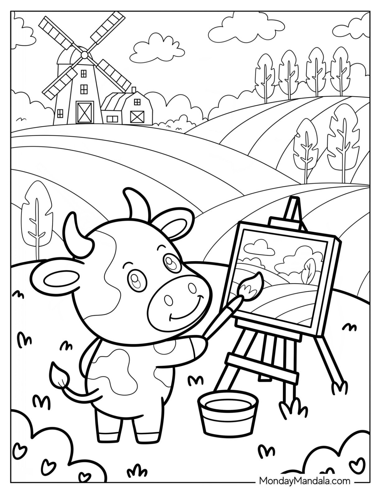 Artistic Cow Coloring Page Painting A Scenic Farm Landscape for Kids