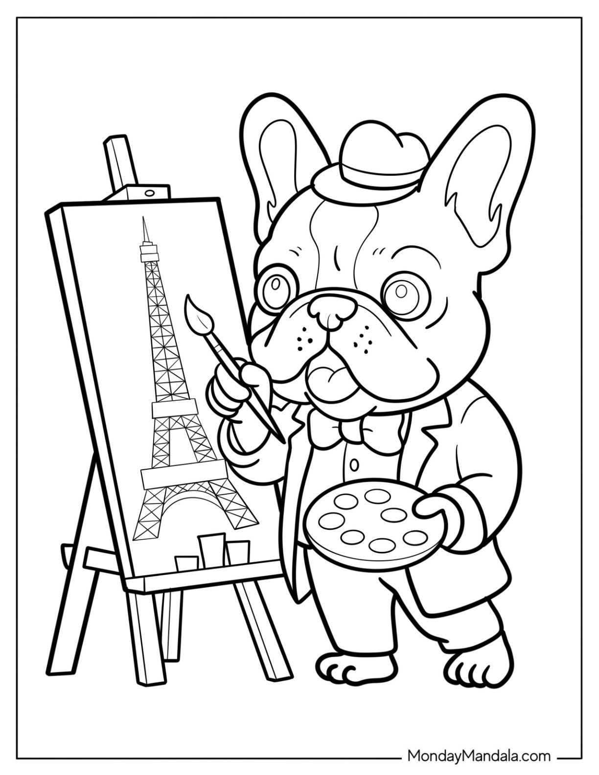 Artistic French Bulldog Coloring Page in Suit and Hat Painting the Eiffel Tower for Kids