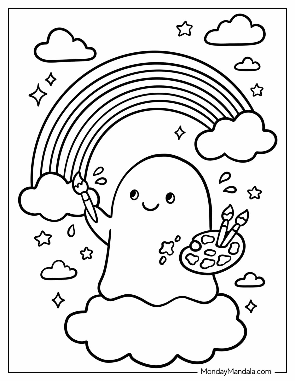 Artistic Ghost Painting a Rainbow Coloring Sheet for Kids