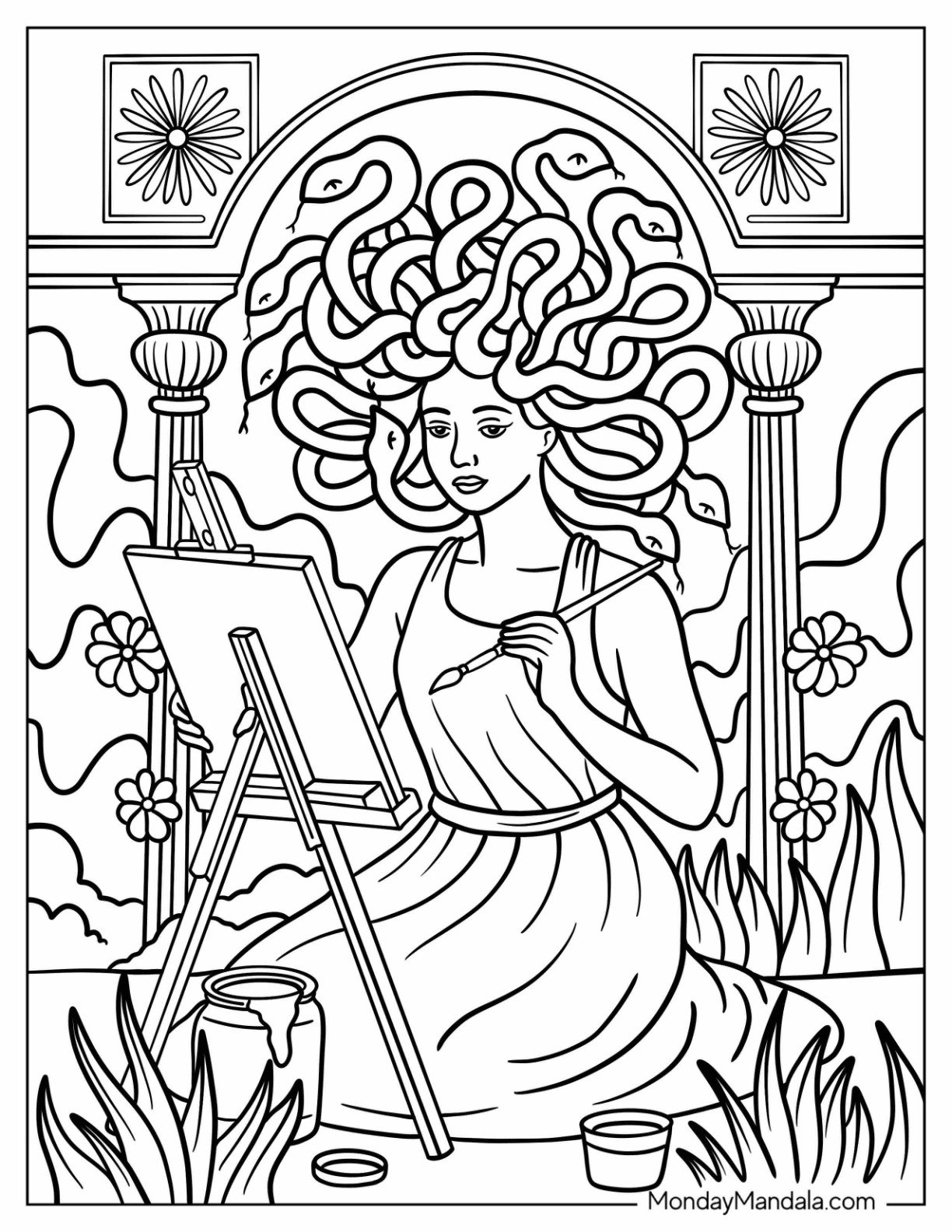 Artistic Medusa Coloring Page Painting on a Canvas in a Garden Temple