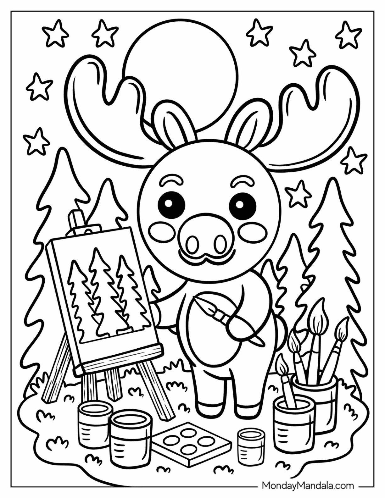 Artistic Moose Painting Trees on a Canvas Coloring Sheet for Preschoolers